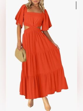 641. LEANI Summer Cutout Maxi Dress w/ square neck & a crossover waist